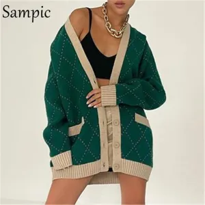 Joskaa Christmas Gift Sampic Loose Argyle Green Winter Women Cardigans 2024 V Neck Casual Knitted Oversized Long Sleeve Y2K Sweater Fashion Basic Tops