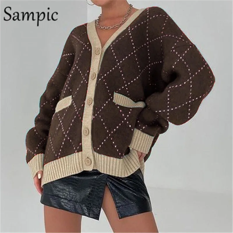 Joskaa Christmas Gift Sampic Loose Argyle Green Winter Women Cardigans 2024 V Neck Casual Knitted Oversized Long Sleeve Y2K Sweater Fashion Basic Tops