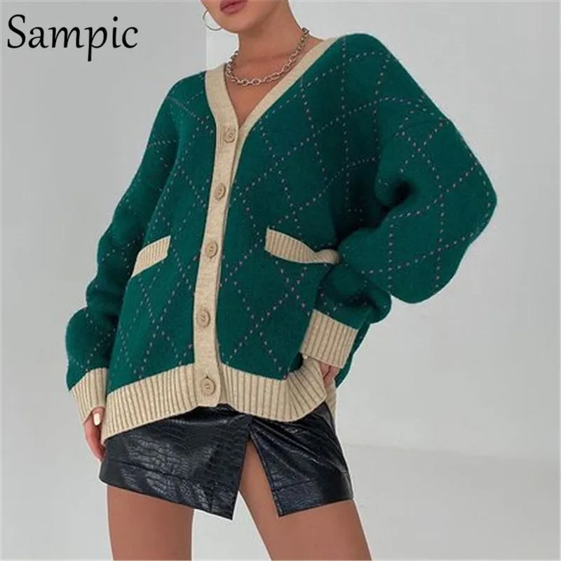 Joskaa Christmas Gift Sampic Loose Argyle Green Winter Women Cardigans 2024 V Neck Casual Knitted Oversized Long Sleeve Y2K Sweater Fashion Basic Tops