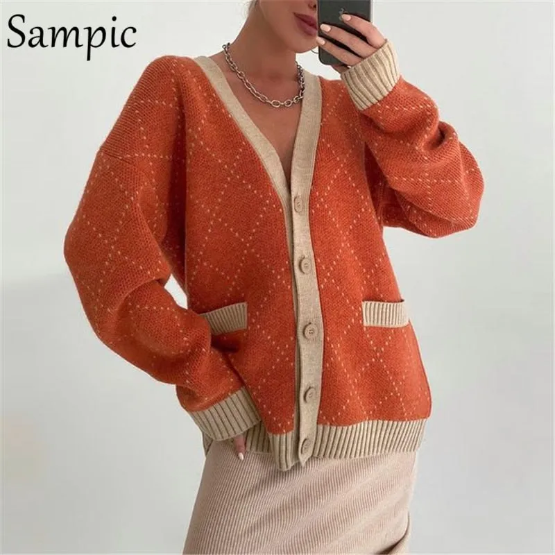 Joskaa Christmas Gift Sampic Loose Argyle Green Winter Women Cardigans 2024 V Neck Casual Knitted Oversized Long Sleeve Y2K Sweater Fashion Basic Tops