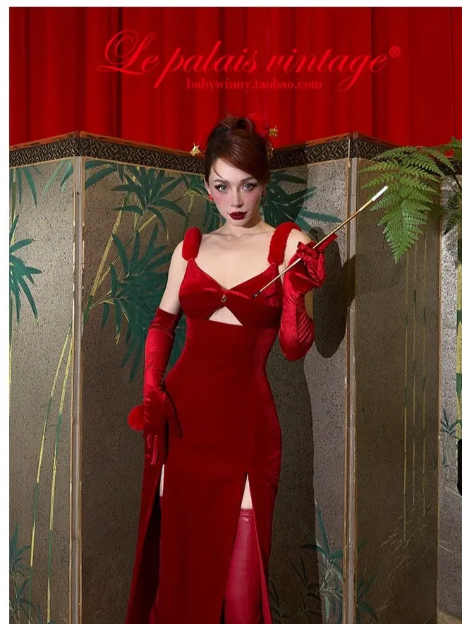 Le Palais Vintage's red fur slit slip dress - Rabbit