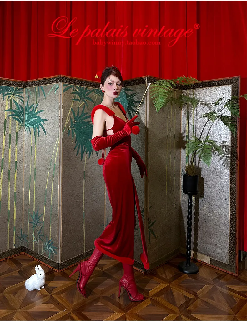 Le Palais Vintage's red fur slit slip dress - Rabbit