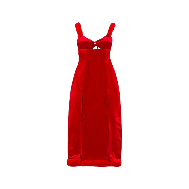 Le Palais Vintage's red fur slit slip dress - Rabbit