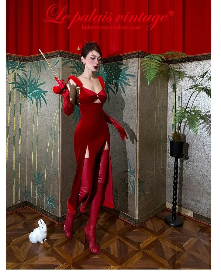 Le Palais Vintage's red fur slit slip dress - Rabbit