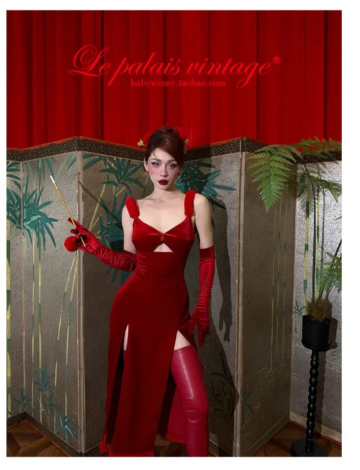 Le Palais Vintage's red fur slit slip dress - Rabbit