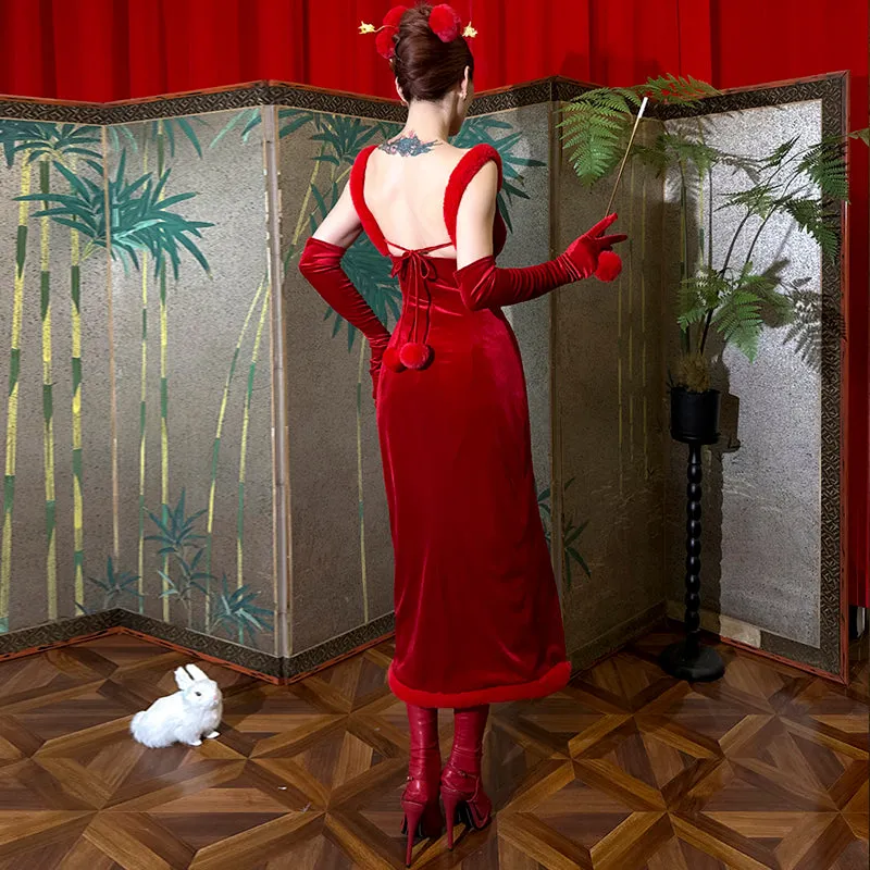 Le Palais Vintage's red fur slit slip dress - Rabbit
