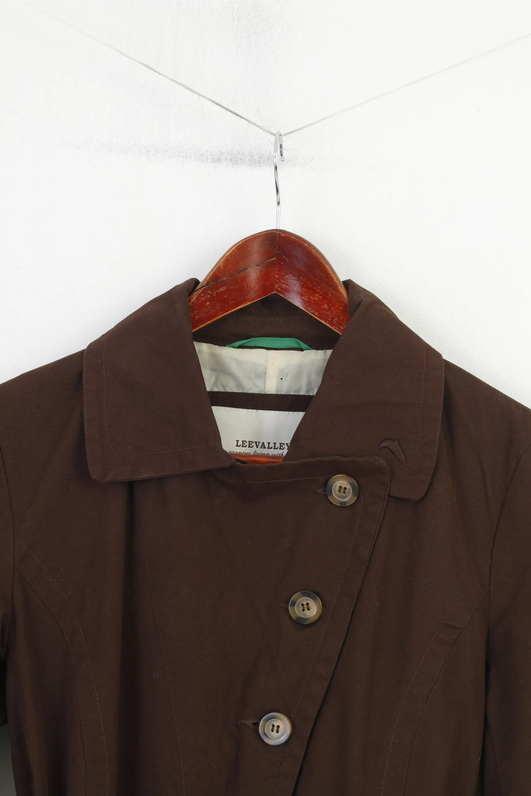 Leevalley Women M Coat Brown Trench Cotton Single Breasted Bottoms Collar Country Belt Jacket