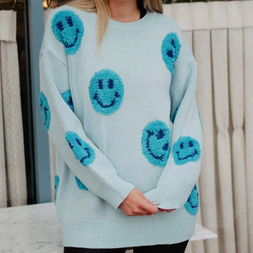 Light Blue Happy Face Wholesale Crewneck Sweater