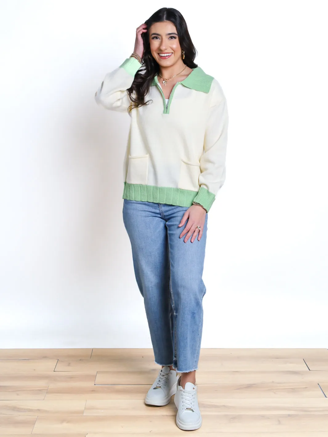 Living For Today Quarter Zip Contrast Collar Sweater- Final Sale