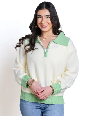 Living For Today Quarter Zip Contrast Collar Sweater- Final Sale