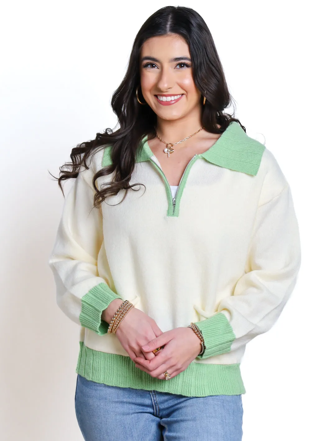 Living For Today Quarter Zip Contrast Collar Sweater- Final Sale