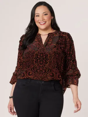 Long Blouson Sleeve Half Placket V-Neck Printed Plus Size Woven Top