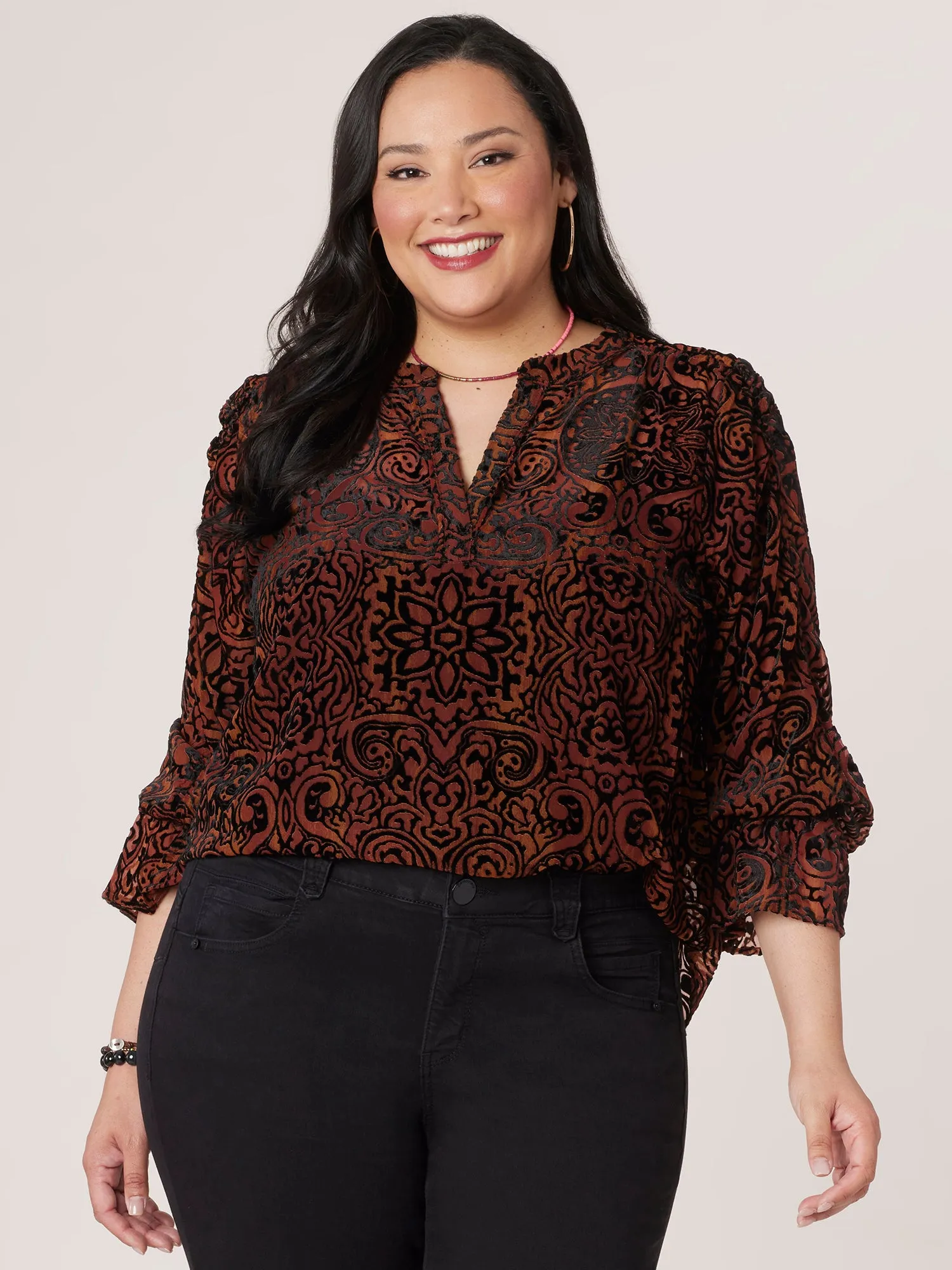 Long Blouson Sleeve Half Placket V-Neck Printed Plus Size Woven Top