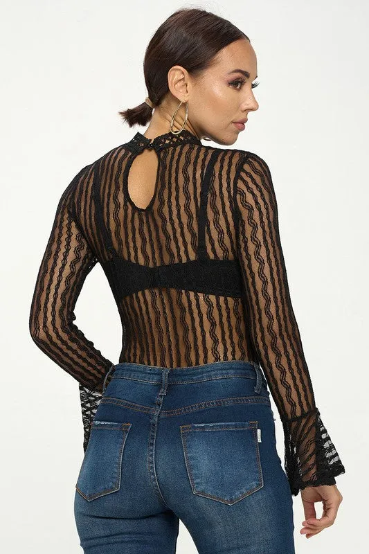 Long Flare Sleeves Lace Bodysuit