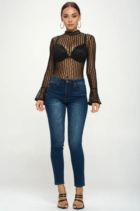 Long Flare Sleeves Lace Bodysuit