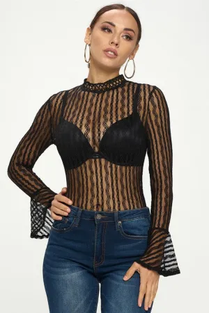 Long Flare Sleeves Lace Bodysuit