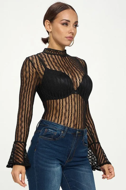 Long Flare Sleeves Lace Bodysuit