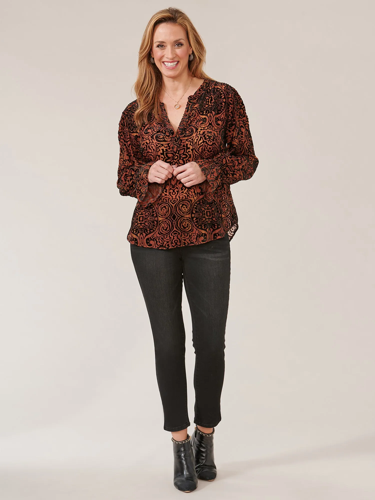 Long Flounce Sleeve V-Neck Textured Print Woven Top
