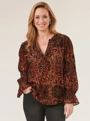 Long Flounce Sleeve V-Neck Textured Print Woven Top