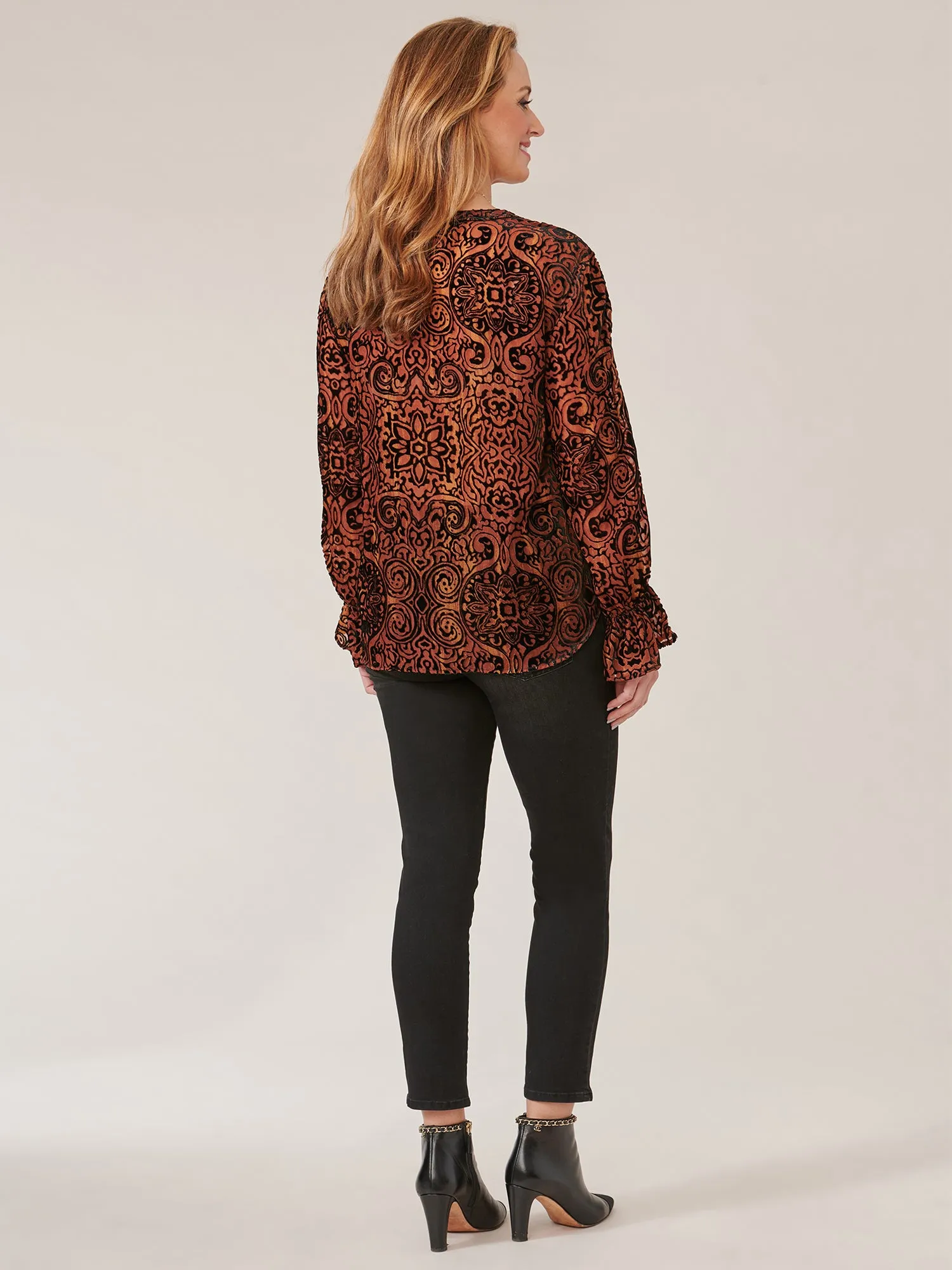 Long Flounce Sleeve V-Neck Textured Print Woven Top