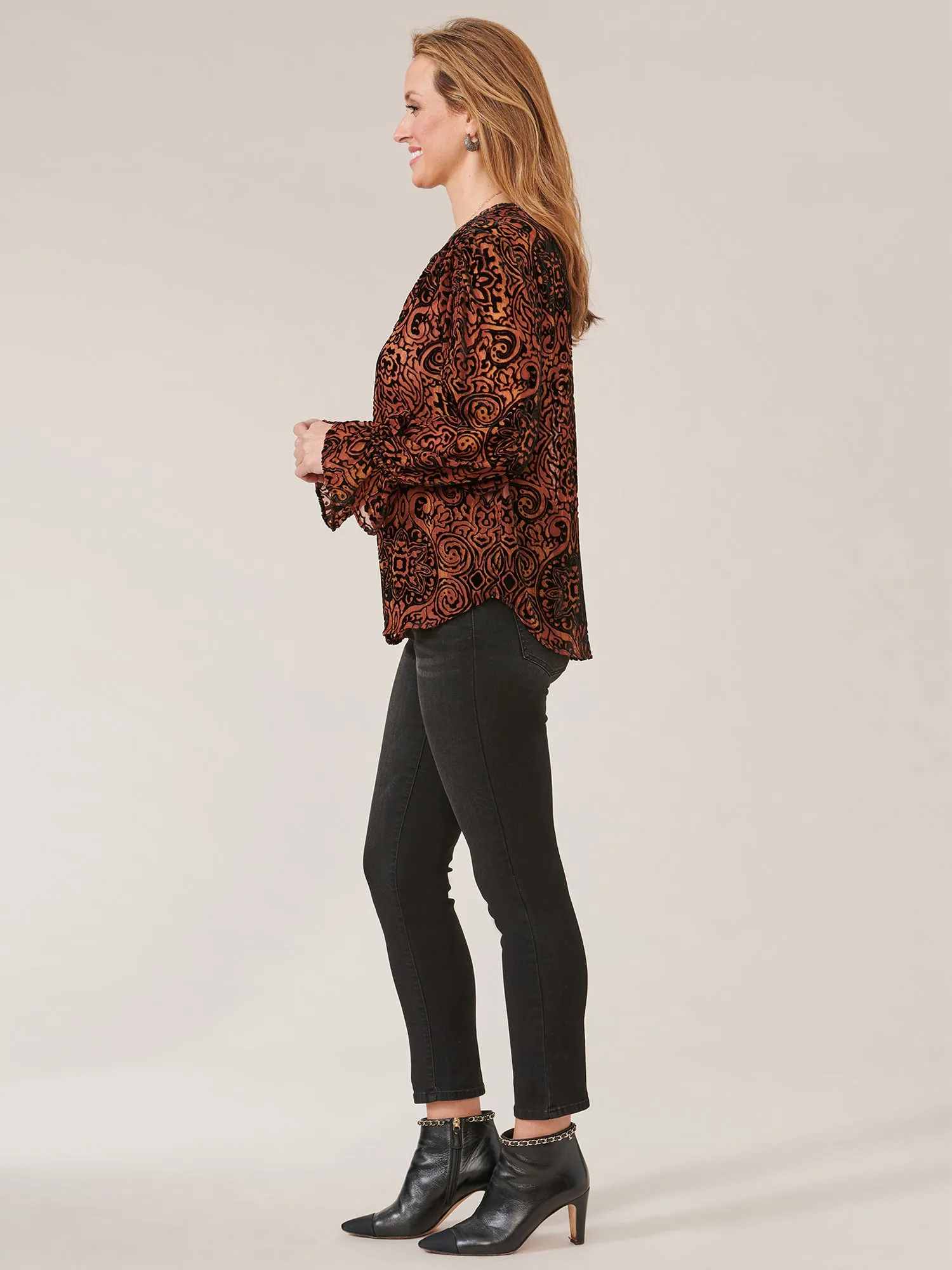 Long Flounce Sleeve V-Neck Textured Print Woven Top