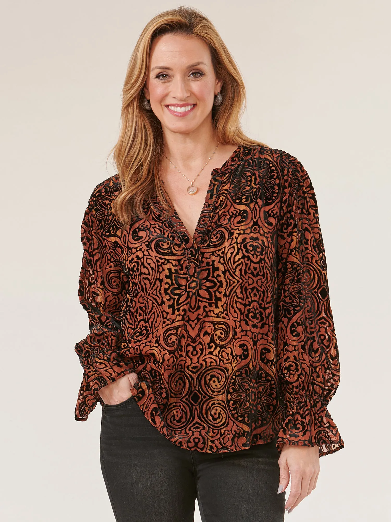 Long Flounce Sleeve V-Neck Textured Print Woven Top