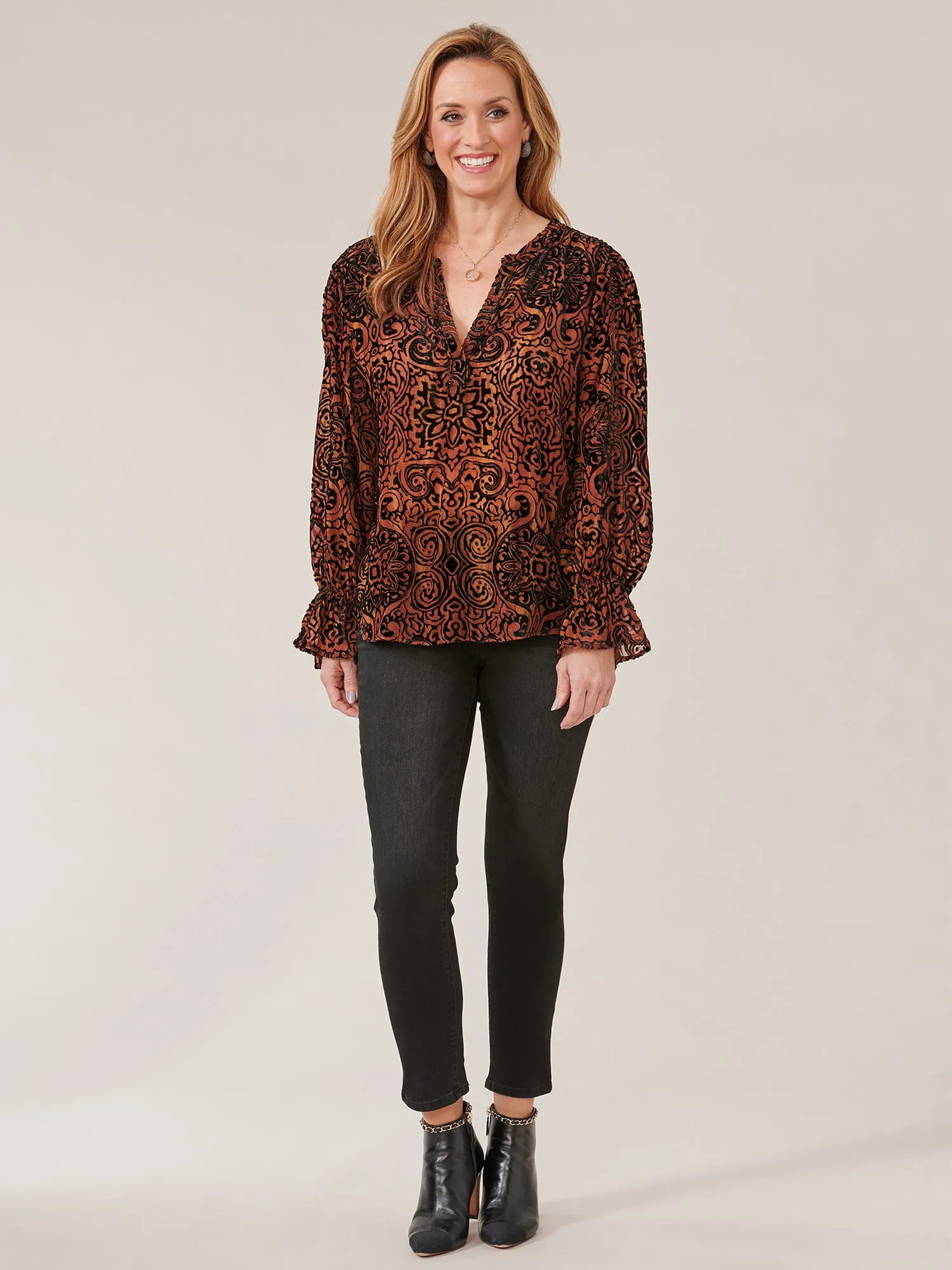 Long Flounce Sleeve V-Neck Textured Print Woven Top