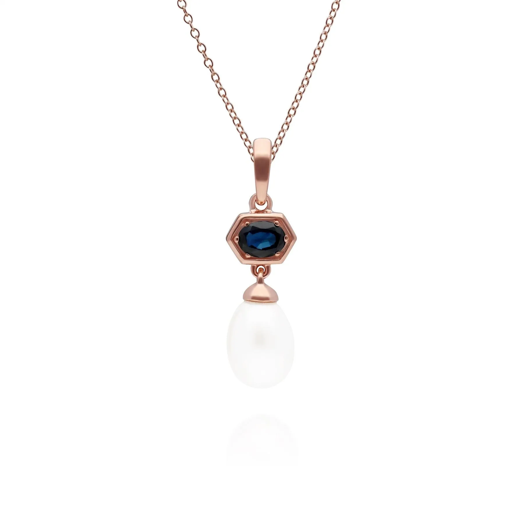 Moderne Perle & Saphir Hexagon Tropfen Anhänger in Rose Vergoldetem Sterling Silber