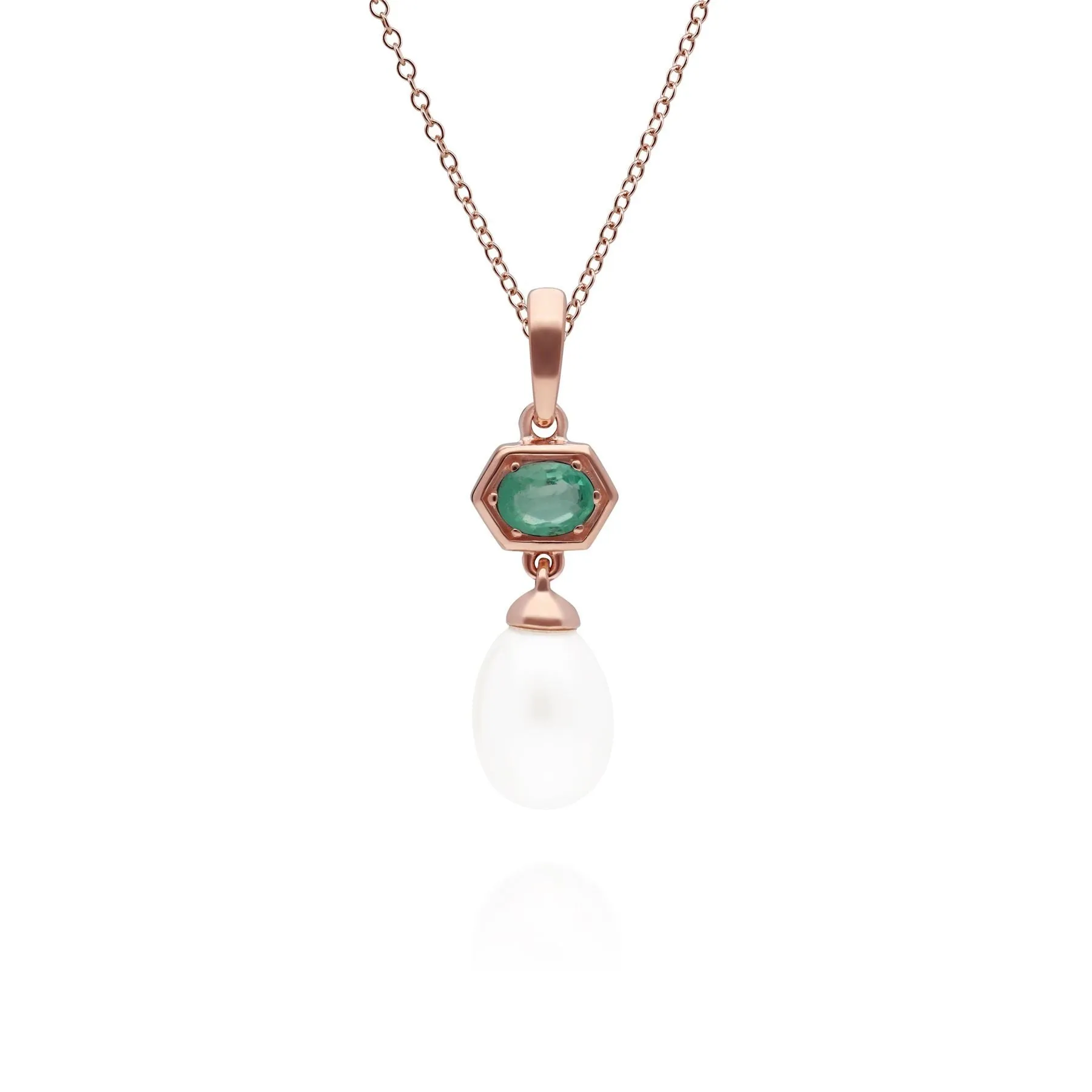 Moderne Perle & Smaragd Hexagon Tropfen Anhänger in Rose Vergoldetem Sterling Silber