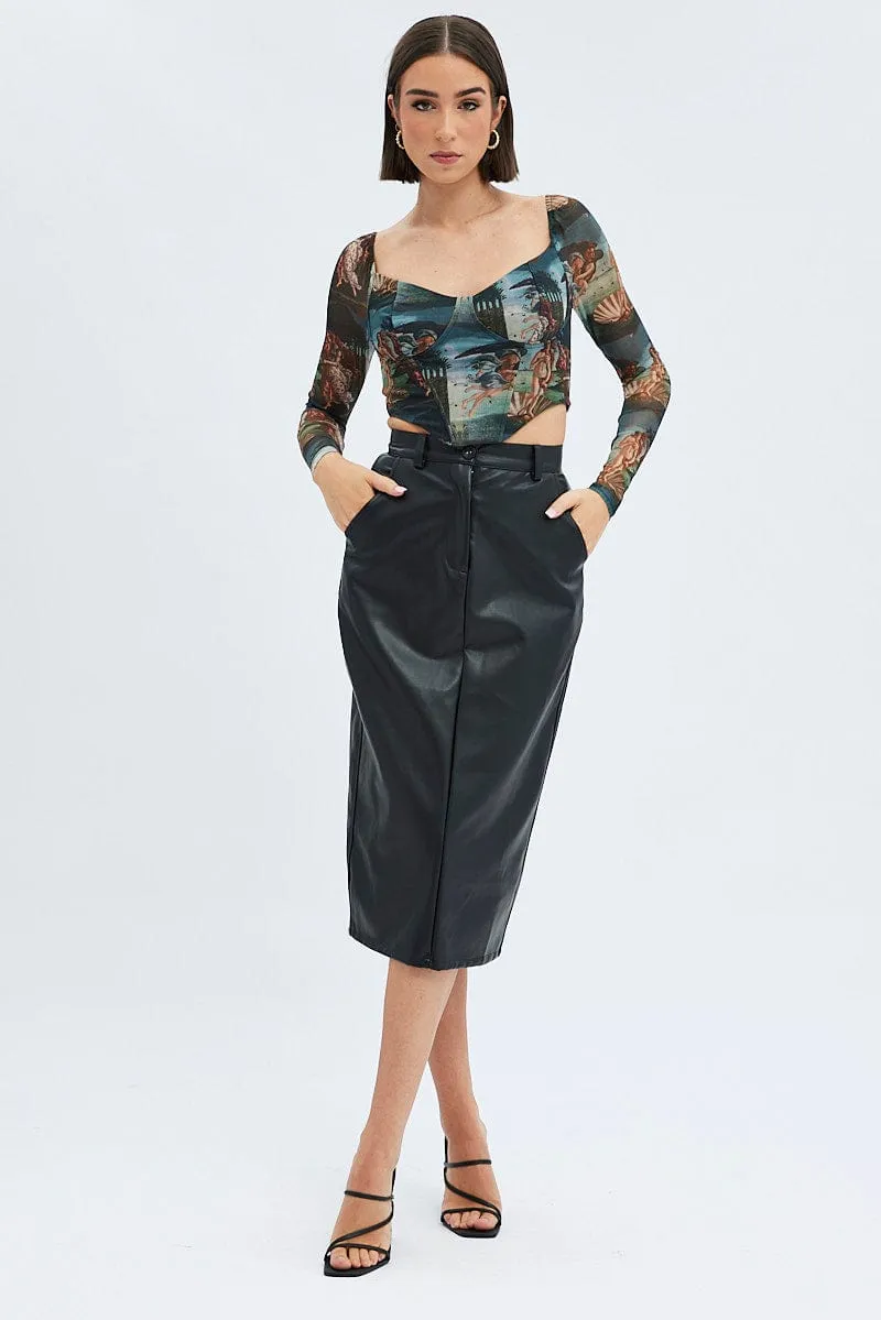 Multi Print Crop Top Long Sleeve Sweetheart Mesh Shirred