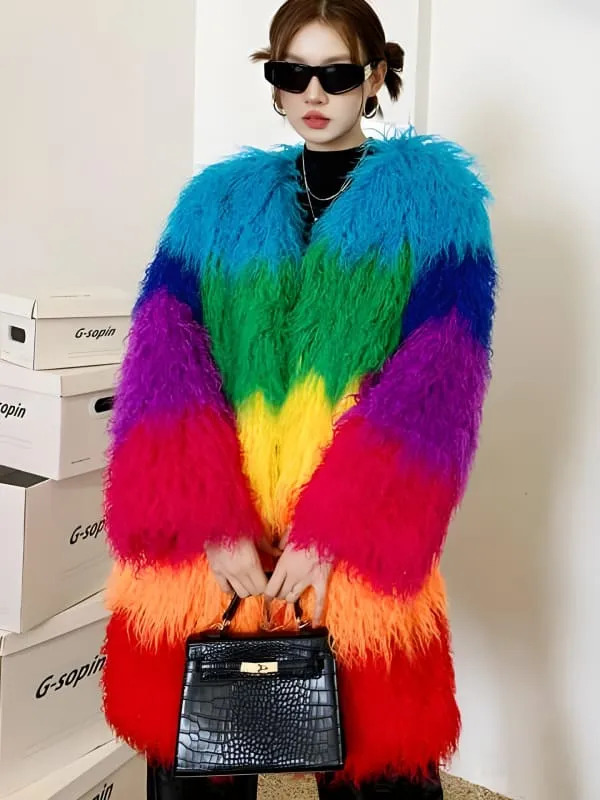 Niche Rainbow Shaggy Faux Fur Coat for Cozy Winter Style
