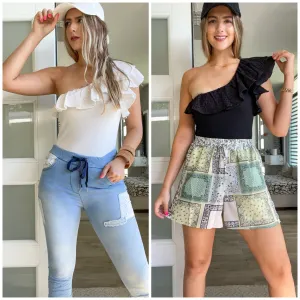 ONE SHOULDER RUFFLE EYELET BODYSUIT