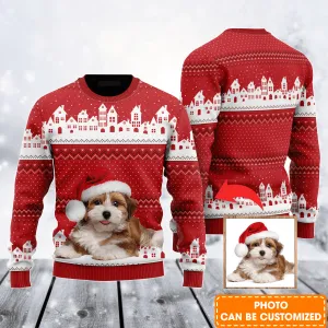 Personalized Photo Ugly Sweater, Funny Christmas House Pattern Red Ugly Sweater