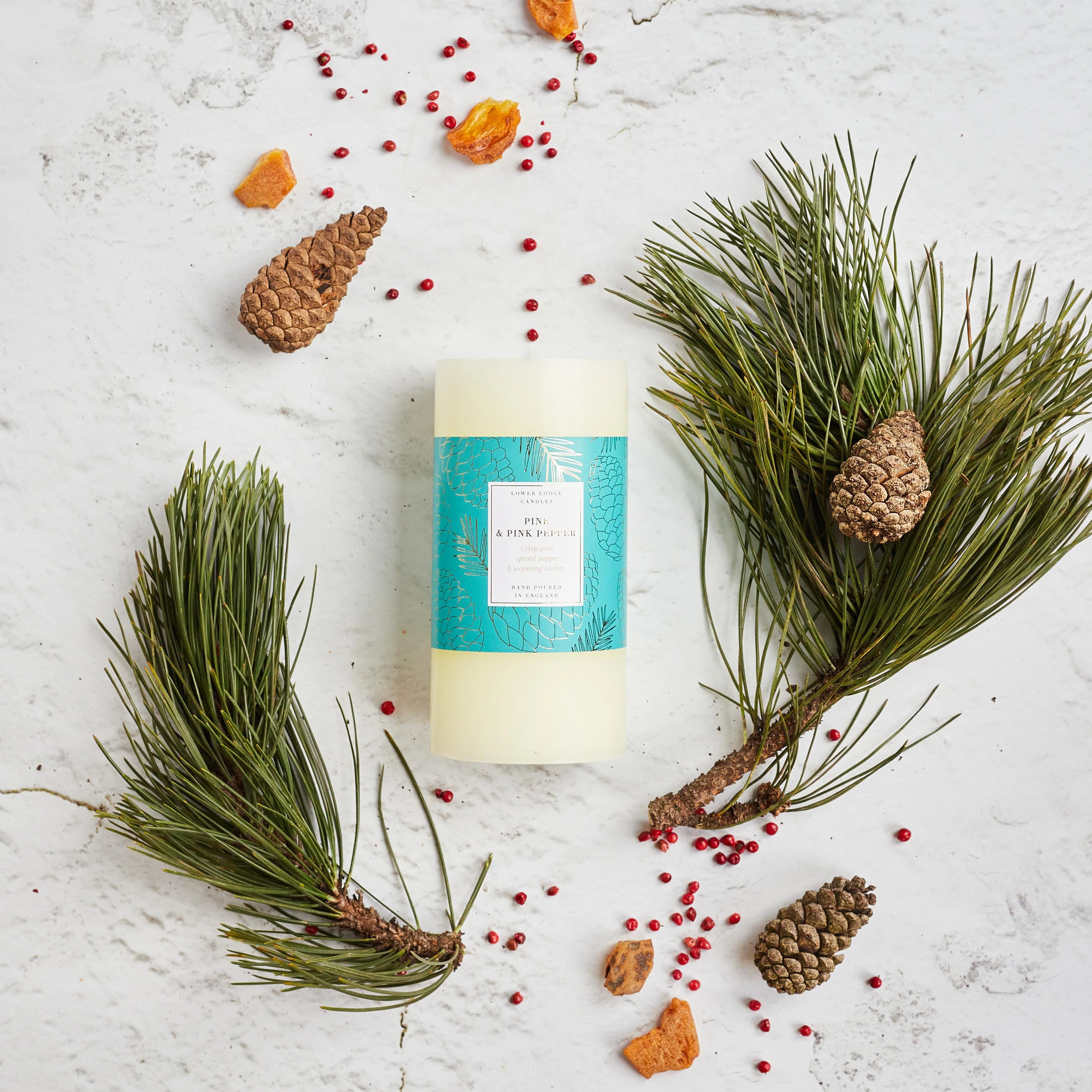 Pine and Pink Pepper Scented Pillar Candle