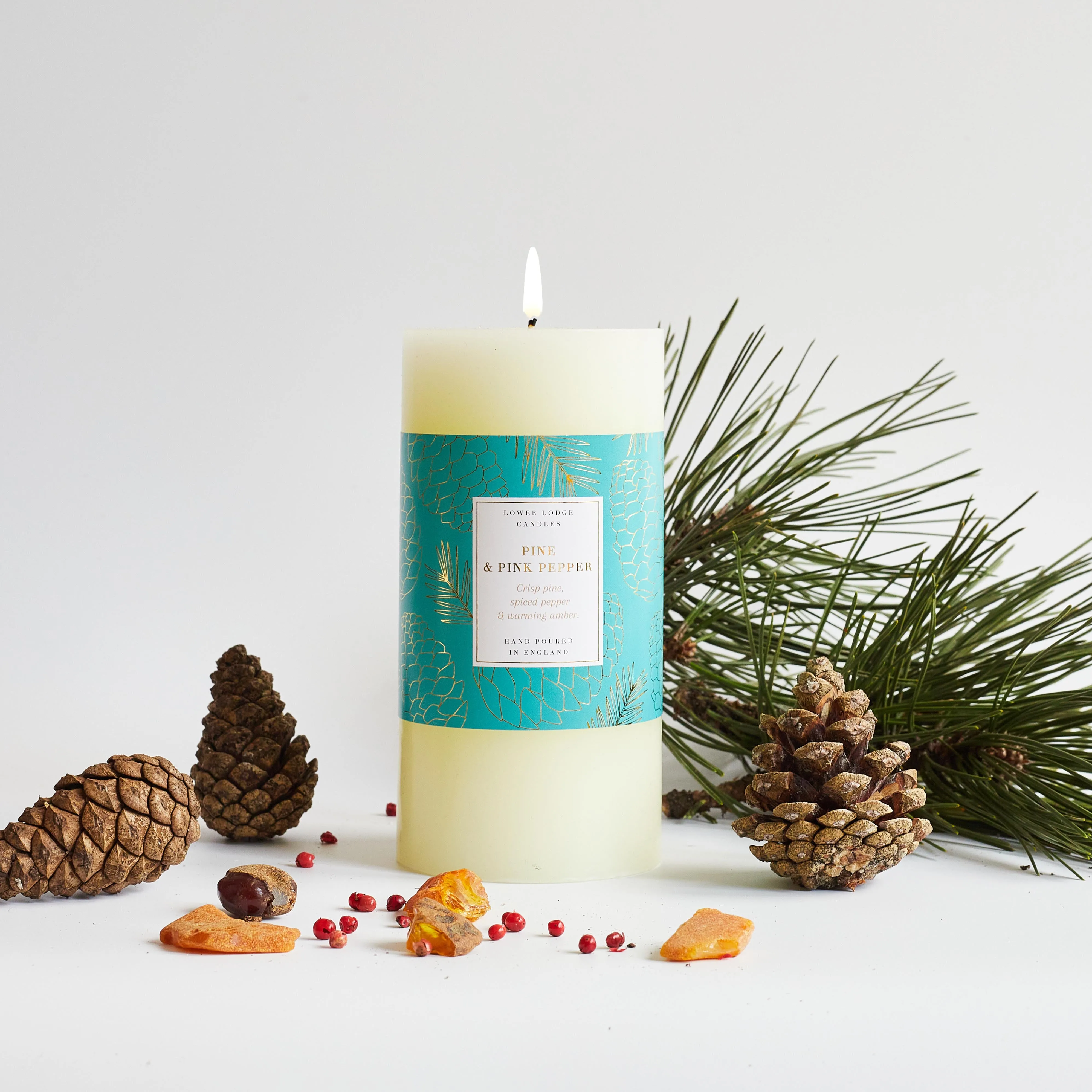 Pine and Pink Pepper Scented Pillar Candle