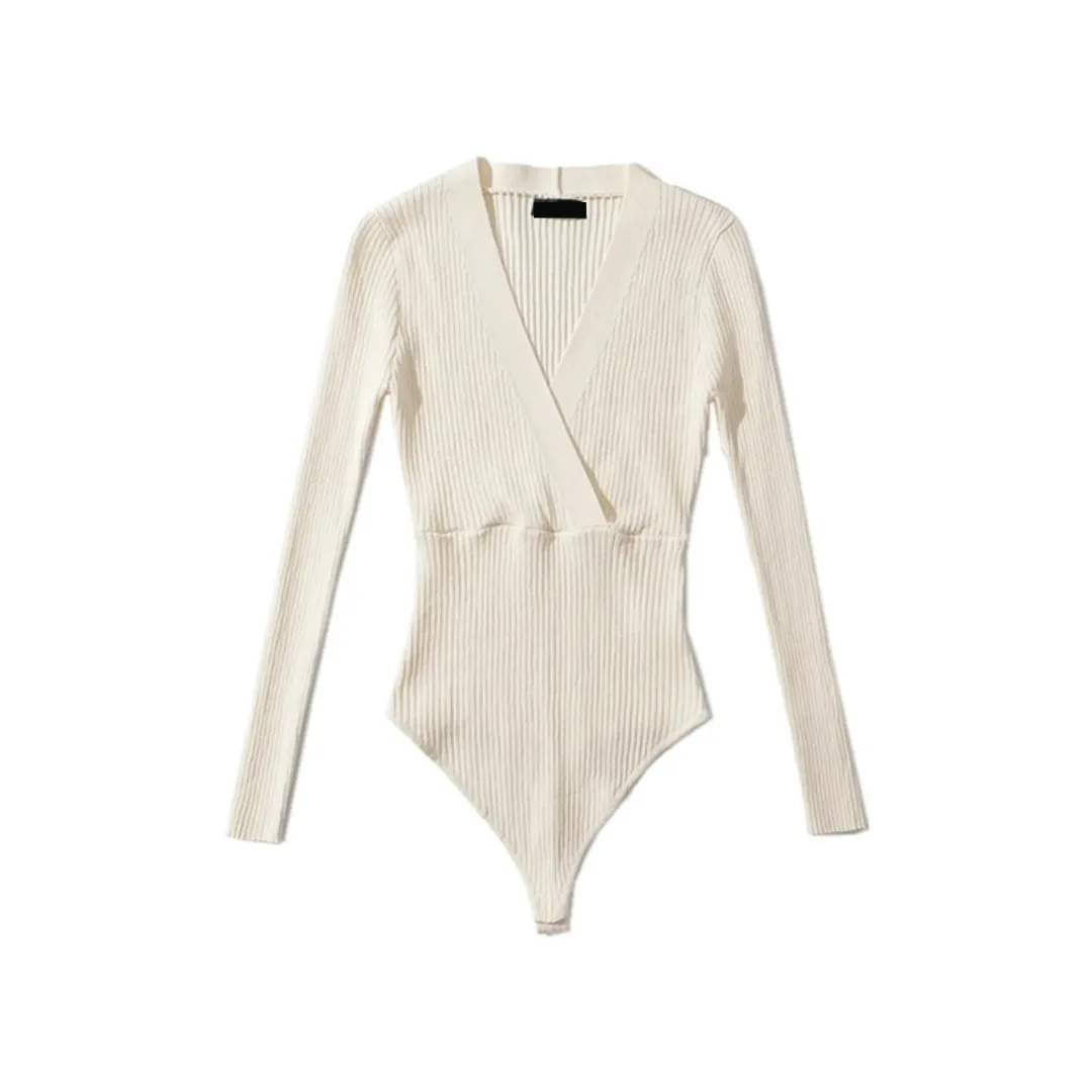 Pre Order:  V-neck Solid Knitted Longsleeve Bodysuit