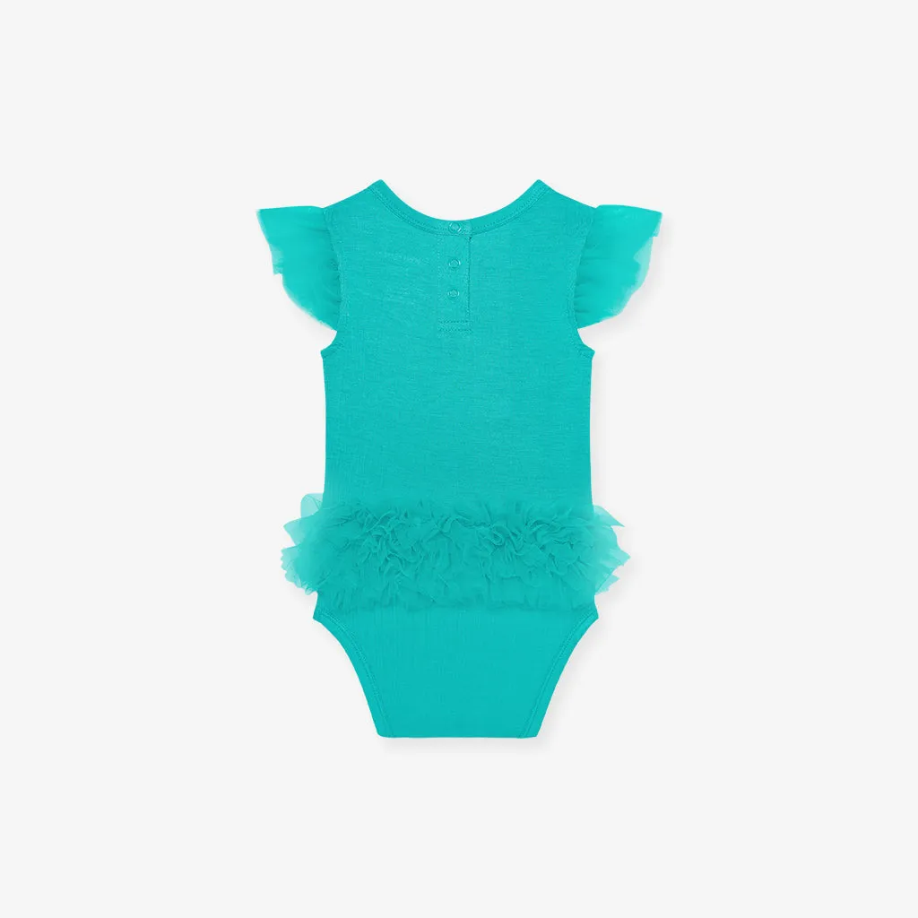 Signature Teal Tulle Sleeve Ruffled Back Bodysuit