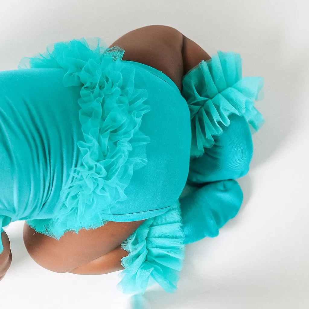 Signature Teal Tulle Sleeve Ruffled Back Bodysuit
