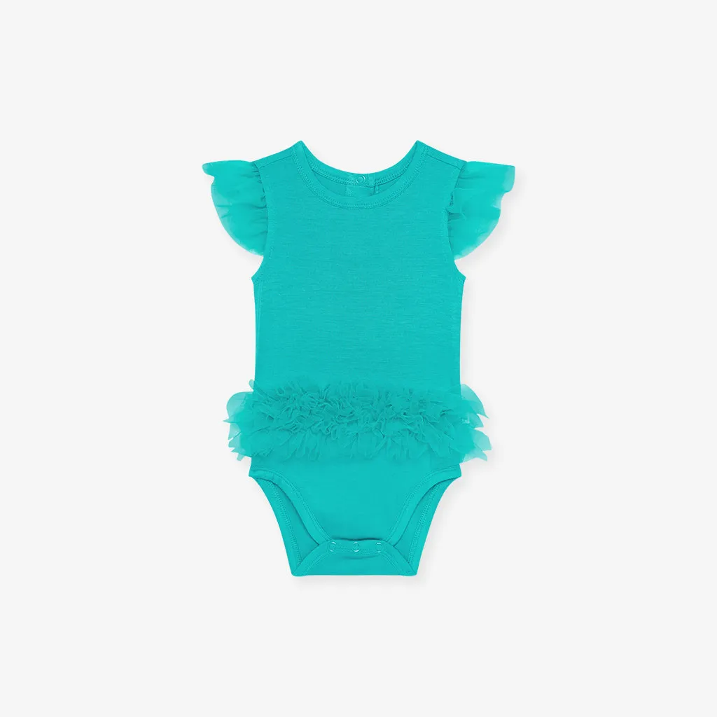Signature Teal Tulle Sleeve Ruffled Back Bodysuit