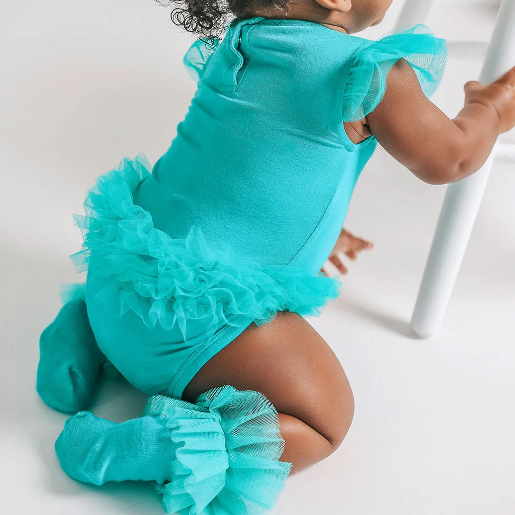Signature Teal Tulle Sleeve Ruffled Back Bodysuit