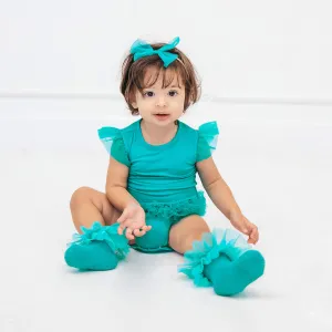 Signature Teal Tulle Sleeve Ruffled Back Bodysuit