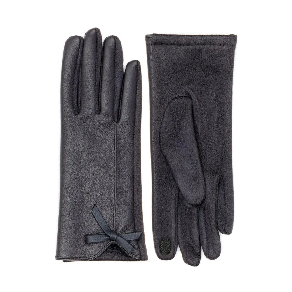 Silver Faux Leather Gloves with Bow
