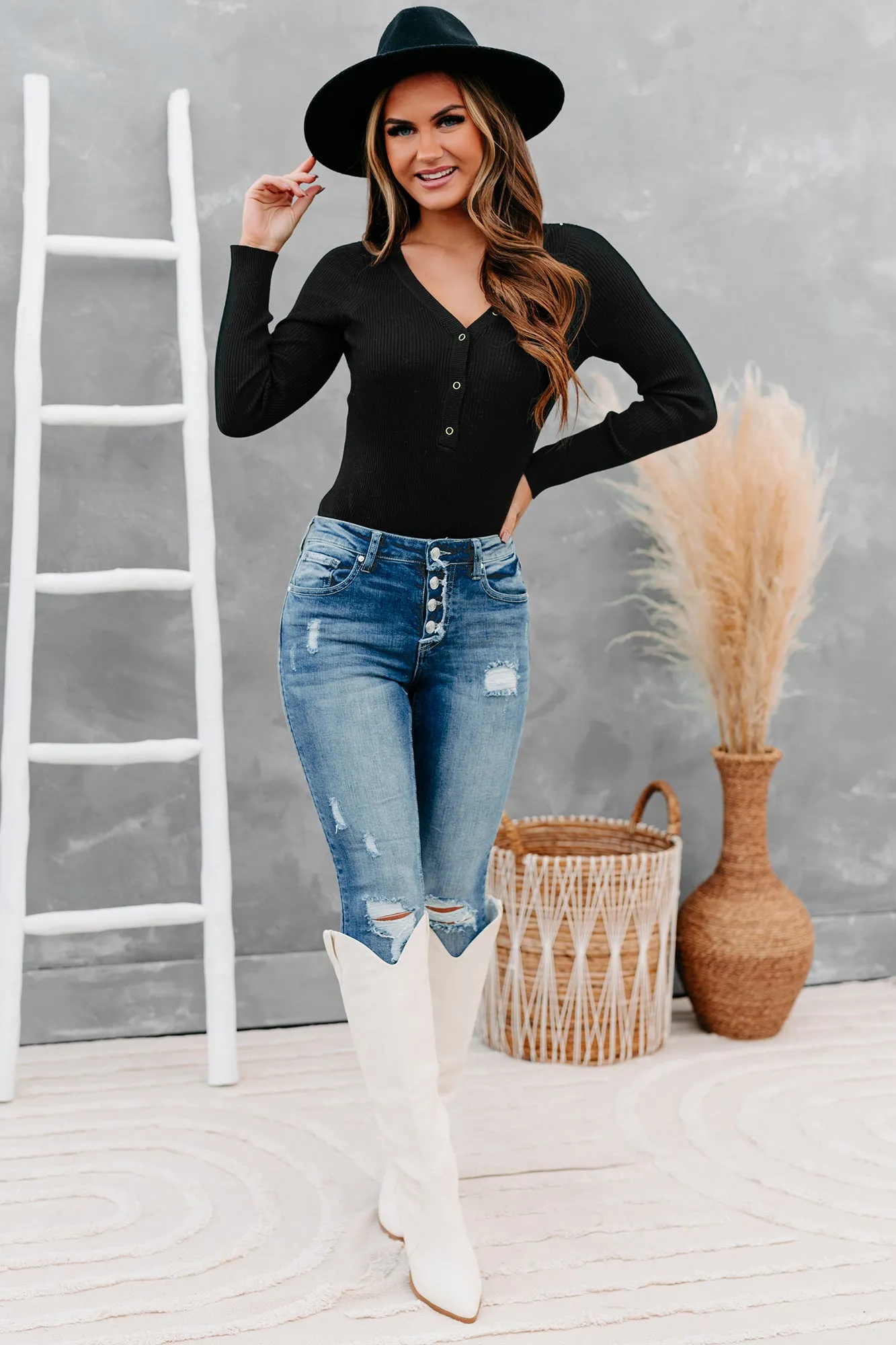 Stay Or Leave Ribbed Button-Down Bodysuit (Black)