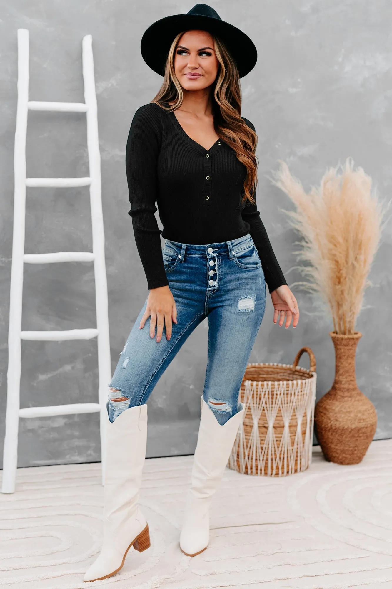 Stay Or Leave Ribbed Button-Down Bodysuit (Black)