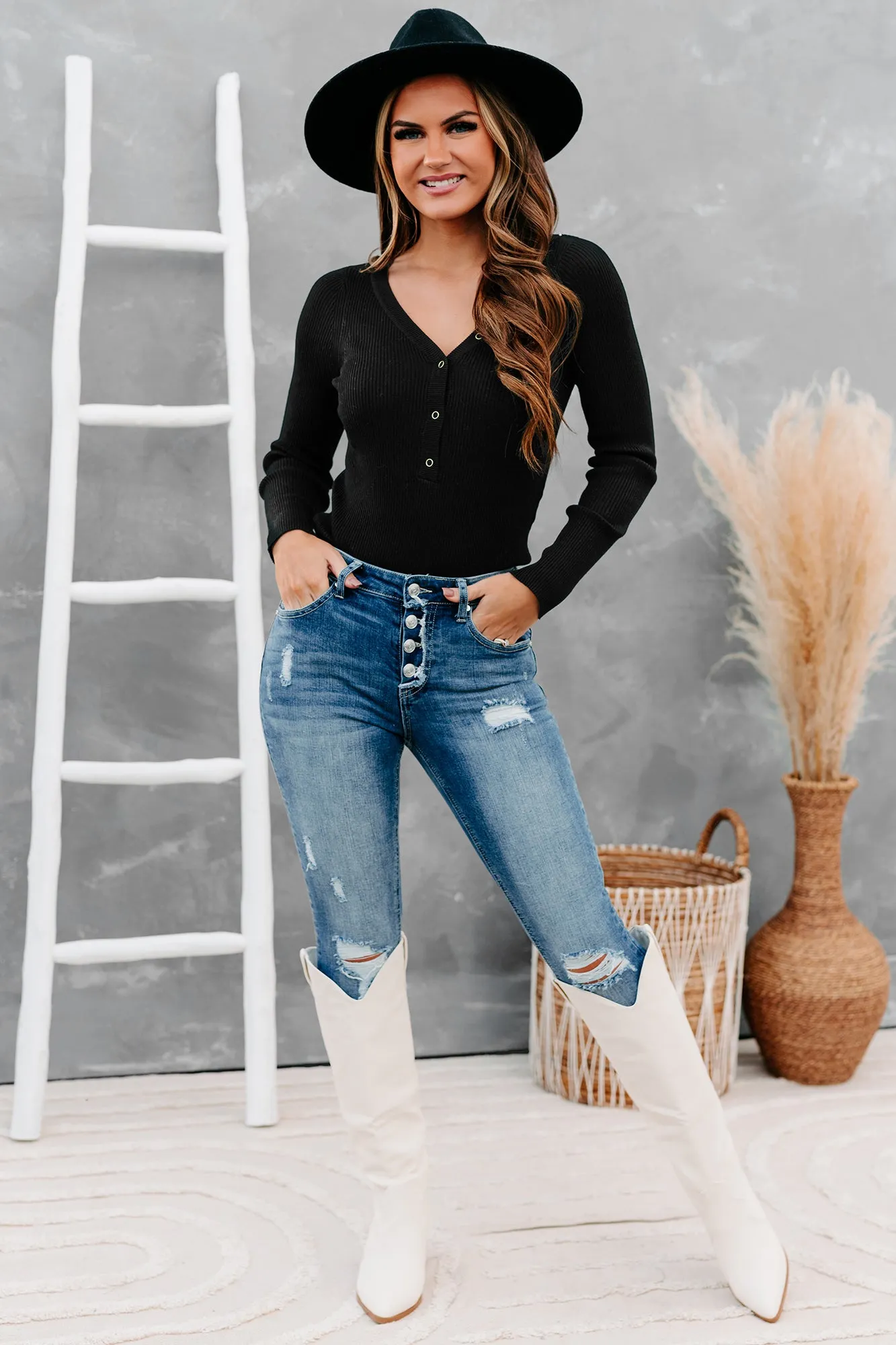 Stay Or Leave Ribbed Button-Down Bodysuit (Black)