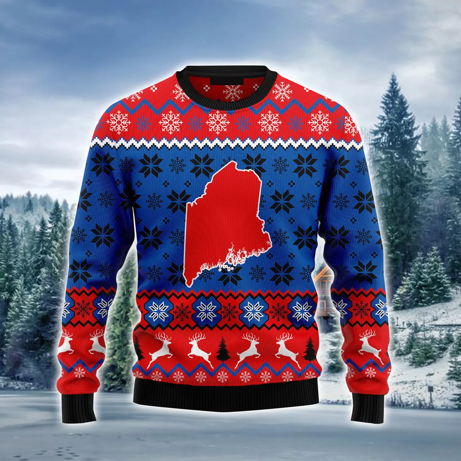 Sweet Home Maine Ugly Sweater, Red & Blue Christmas Pattern Ugly Sweater For Men & Women