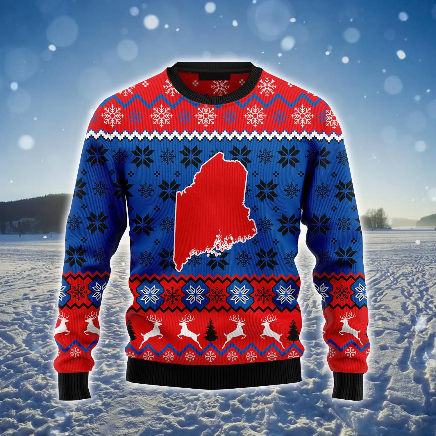 Sweet Home Maine Ugly Sweater, Red & Blue Christmas Pattern Ugly Sweater For Men & Women