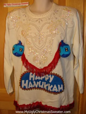 Ugly Christmas Sweater Party Hanukkah Sweater 80s Naughty Dreidels (j118)