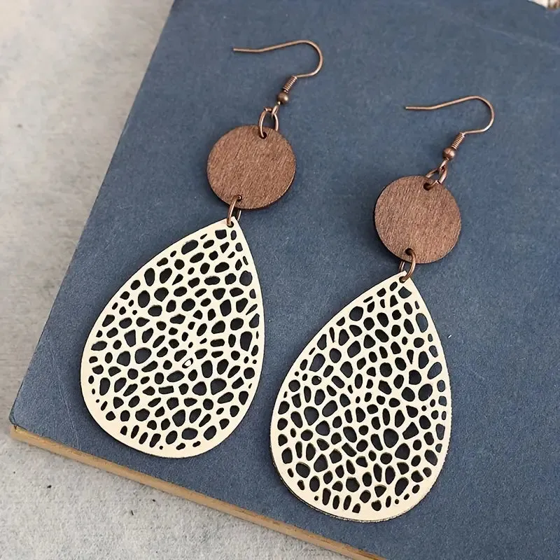 Vintage Hollow Leaf Shape PU Leather Earrings