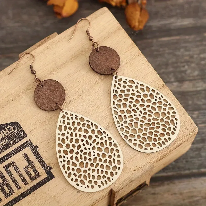 Vintage Hollow Leaf Shape PU Leather Earrings